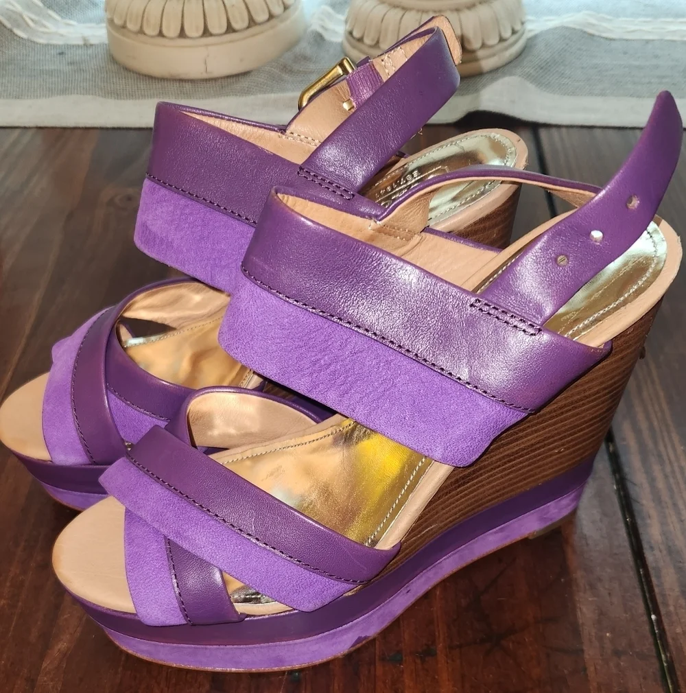Coach Purple Suede & Leathet Wedge Heel Sandals Sz 6